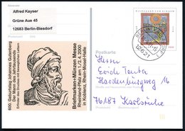 2001 B.R.D., 100 Pf. Sonder-Ganzsache: 600. Geburtstag Joh. Gutenberg, Bedarfskarte (Mi.PSo.66) - Gutenberg, Druck, Papi - Sonstige & Ohne Zuordnung