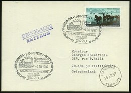 1987 (4.10.) 5420 LAHNSTEIN 1, Sonderstempel "125 JAHRE RHEINBAHN" = Borsig-Dampflok, Ausl.-Karte - Eisenbahn & Bahn-Pio - Autres & Non Classés