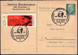1970 (11.4.) 1 BERLIN 12, Sonderstempel: 100. Geburtstag Lenins (Kopfbild) Auf DDR-Antwort-Ganzsache 10 Pf. Ulbricht (kl - Andere & Zonder Classificatie