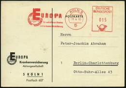 1963 (19.4.) 5 KÖLN 5, Absender-Freistempel: EUROPA Krankenversicherung ("E" Vor Europakarte) Motivgleiche Firmenkarte - - Otros & Sin Clasificación