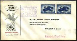 1957 (3.9.) NIEDERLANDE, Erstflug KLM Amsterdam - Houston (rs. Ank.-Stempel) Mit Viol. Flugbestätigungsstempel, Paar 25  - Other & Unclassified