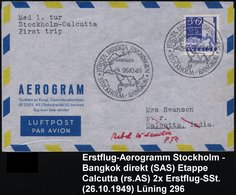 1949 (26.10.) SCHWEDEN, SAS-Erstflug Stockholm - Bangkok (rs. Ank.-Stempel) Sonderstempel Auf Aerogramm (Lü.296) - Erstf - Otros & Sin Clasificación