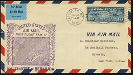 1938 (16.3.) U.S.A., Erstflug FAM 17: Baltimore - Bermuda (rs. Ank.-Stempel) 10 C. Flugpost + Viol. Flugbestätigungsstem - Otros & Sin Clasificación