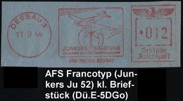 1944 (11.9.) DESSAU 1, Absender-Freistempel: STAMMWERK JUNKERS DESSAU = Ju 52 über Globus, Kleines Briefstück - Junkers  - Autres & Non Classés