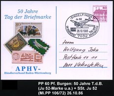 1986 (26.10.) 7032 SINDELFINGEN 1, Sonderstempel: TAG DER BRIEFMARKE = Ju 52 Auf Passender PP 60 Pf. Burgen: Tag Der Bri - Andere & Zonder Classificatie