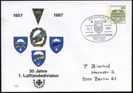 1987 (15.1.) 7520 BRUCHSAL 1, PU 80 Pf. Burgen: 30 Jahre 1. Luftlandedivision (Fallschirmsymbole) + Passender Sonderstem - Otros & Sin Clasificación