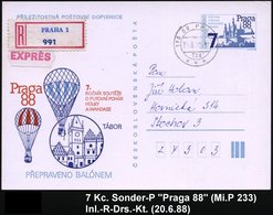 1988 TSCHECHOSLOWAKEI, 7 Kc. Sonder-Ganzsache "Praga 88" Mit 2 Freiballonen Etc., RZ: PRAHA 1, Inl.-R-Karte (Mi.P 233) - - Otros & Sin Clasificación