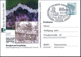 1994 (30.10.) 09599 FREIBERG 1, PP 80 Pf. Bauwerke: 500 Jahre Georgius Agricola, Bergbau Im Erzgebirge (Amethyst, Histor - Autres & Non Classés