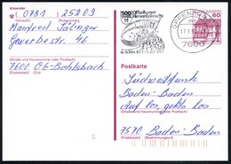 1983 (17.1.) 7600 OFFENBURG 1, Maschinen-Werbestempel: 500 JAHRE Herrenfastnacht (Karnevalsfigur Mit Fahne) Bedarfskarte - Andere & Zonder Classificatie