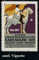 1915 Karlsruhe, Offiz. Color-Reklame-Vignette: BADISCHE JUBIL.-AUSSTELLUNG INDUSTRIE KUNST HANDWERK (Reiter) Orig. G. -  - Sonstige & Ohne Zuordnung