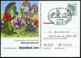 1994 (4.9.) 55116 MAIN 1, PP 80 Pf. Bauwerke: Fußball-WM 1994 NAJUBRIA Mit Fußball-Comic-Figuren (Krokodil, Hase, Nashor - Autres & Non Classés