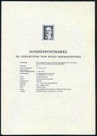 1974 ÖSTERREICH,  4 S. "100. Geburtstag Hugo V. Hoofmannsthal" (Autor Des "Jedermann" Etc.) Ungez. Schwarzdruck (6 Seite - Otros & Sin Clasificación