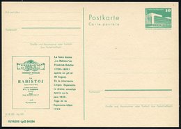 1984 DDR, 10 Pf. Amtl. Ganzsache PdR., Grün + Amtl. Zudruck: Friedr. Schillers "Die Räuber" In Esperanto (Buchtitel) Ung - Altri & Non Classificati