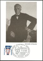 1989 (11.6.) 8000 MÜNCHEN 2, Sonderstempel: 125. GEBURTSTAG RICHARD STRAUSS (Kopfbild) Auf Maximum-ähnlicher Karte - Kom - Autres & Non Classés