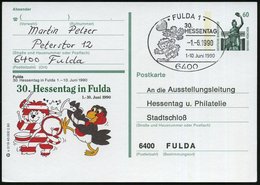 1990 (1.6.) 6400 FULDA 1, 60 Pf. Bild-Postkarte: 30. Hessentag = Löwe Mit Pauke U. Trommel, Rabe Mit Klarinette + Passen - Sonstige & Ohne Zuordnung