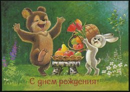 1986 UdSSR, 4 Kop. Bild-Ganzsache: "Glückwünsche!" (Hase Schenkt Bär Obst), Ungebr. - Agrarprodukte & Obst / Agricultura - Andere & Zonder Classificatie