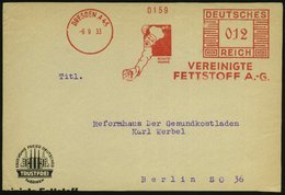 1933 (6.9.) DRESDEN A 45, Absender-Freistempel: VEREINIGTE FETTSTOFF AG = Koch Mit Margarinewürfel, Bedarfs-Vorderseite  - Sonstige & Ohne Zuordnung