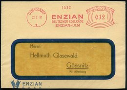 1932 (22.2.) ULM (DONAU) 1, Absender-Freistempel: ENZIAN, DEUTSCHER EDELKÄSE, Teil-Vorderseite - Nahrungsmittel / Food / - Other & Unclassified