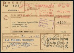 1972 SCHWEDEN, Absender-Freistempel: STOCKHOLM, LIPTON'S Te.. Auf Paketkarte Mit Paketstempel: ÖREBRO 1, Seltene Portost - Altri & Non Classificati