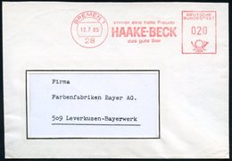 1965 (12.7.) 28 BREMEN 1, ..HAAKE-BECK Das Gute Bier, Rs. Abs.-Vordruck Mit Firmenlogo, Fernbrief - Bier / Beer / Biére  - Sonstige & Ohne Zuordnung