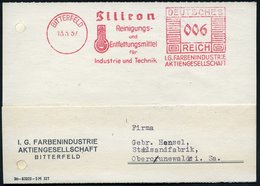 1937 (13.5.) BITTERFELD, Absender-Freistempel: Siliron, Reinigungs- U. Entfettungsmittel Für Industrie U. Technik, I.G.  - Andere & Zonder Classificatie