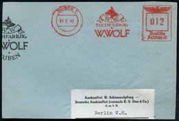 1940 (29.5.) GUBEN 1, Absender-Freistempel: TUCHFABRIK W. WOLF = Wolfskopf, Motivgleiche Teil-Vorderseite - Hund, Wolf,  - Other & Unclassified