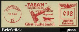 1938 (10.5.) STUTTGART 12, Absender-Freistempel: "FASAN" Rasierklingen.. Eisen-Fuchs = Fuchs (u. Rasier-Apparat) Briefst - Autres & Non Classés