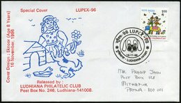 1996 (16.11.) INDIEN, Sonderstempel: LUDHIANA-141001 96 LUPEX-96 = Comic-Hundekopf, Passender Sonderumschlag - Hund, Wol - Sonstige & Ohne Zuordnung