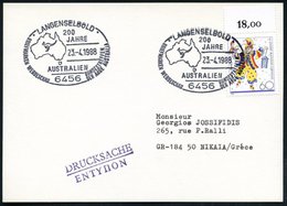 1988 (23.4.) 6456 LANGENSELBOLD, Sonderstempel: 200 JAHRE AUSTRALIEN = Känguruh Auf Australienkarte, Ausl.-Karte - Wild  - Autres & Non Classés