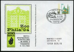 1994 (8.5.) 10619 BERLIN 12, PU 100 Pf. Altötting: Zoo Phila '94, ZOO BERLIN 150 JAHRE = Gorilla + Passender Sonderstemp - Other & Unclassified