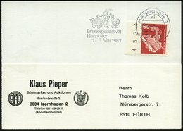 1987 3000 HANNOVER 3, Maschinen-Werbestempel: Drehorgelfestival 1.-3. Mai 1980 = Drehorgelspieler Mit Affen, Bedarfskart - Altri & Non Classificati