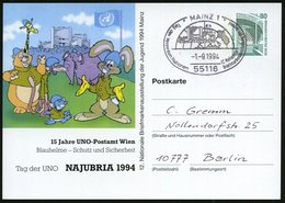 1994 (1.9.) 55116 MAINZ 1, PP 80 Pf. Bauwerke: NAJUBRIA 1994, 15 Jahre UNO-Postamt Wien = Comic-Tiere: Affe, Bär, Maulwu - Otros & Sin Clasificación