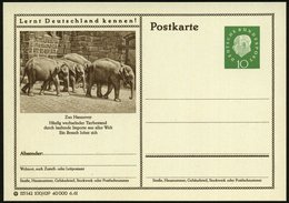 1961 Hannover, 10 Pf. Bild-Ganzsache Heuss III, Grün: Zoo.. 4 Elefanten, Ungebr. (Mi.P 53/100-629) - Elefant / Elephant  - Autres & Non Classés