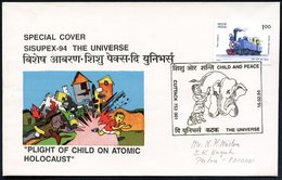 1994 (16.2.) INDIEN, Sonderstempel: CUTTACK 753 001, CHILD AND PEACE = Kind Als Arzt Hört Elefant Ab, Color-Sonderumschl - Sonstige & Ohne Zuordnung