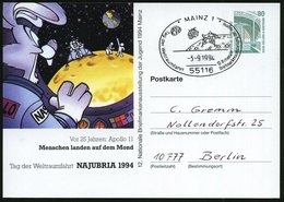 1994 (3.9.) 55116 MAINZ 1, PP 80 Pf. Bauwerke: NAJUBRIA 1984, Apollo 11, Menschen Landen Auf Dem Mond = NASA-Hase Beobac - Autres & Non Classés