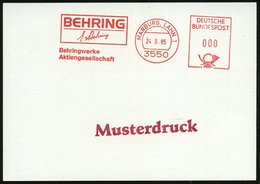 1985 (24.9.) 3550 MARBURG, LAHN 1, Absender-Freistempel: BEHRING.. Behringwerke AG = Faksimile "E. V. Behring" = Serolog - Autres & Non Classés