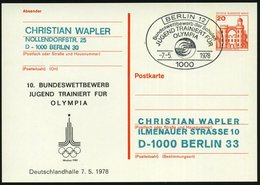 1978 (7.5.) 1000 BERLIN 12, Amtl. Ganzsache 20 Pf. Burgen + Zudruck: 10. BUNDESWETTBEWERB JUGEND TRAINIERT FÜR OLYMPIA ( - Autres & Non Classés