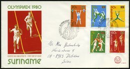 1980 (17.6.) SURINAM, Olympische Spiele 1980, Kompl. Satz (Sportarten) + ET-Sonderstempel (Basketball) Übersee-FDC-Sonde - Autres & Non Classés