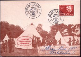 1963 (14.8.) SCHWEDEN, Sonderstempel: ORUSTLÄGRET-TENNINGE (Lilie) + Roter Nebenstempel: OPENING DAY , Inl.-Sonderkarte  - Autres & Non Classés