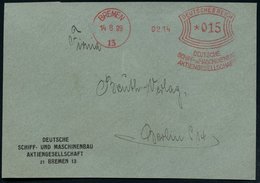 1929 (14.8.) BREMEN 13, Absender-Freistempel: DEUTSCHE SCHIFF- U. MASCHINENBAU AG, Firmen-Vorderseite - Schiffbau & Werf - Sonstige & Ohne Zuordnung