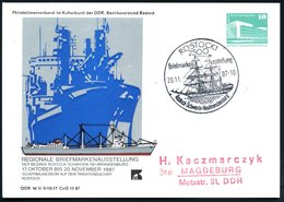 1987 (20.11.) 2500 ROSTOCK 1, Sonderstempel: Briefmarken Ausstellung Rostock-Schwerin-Neubrandenburg = 3 Mast-Windjammer - Autres & Non Classés
