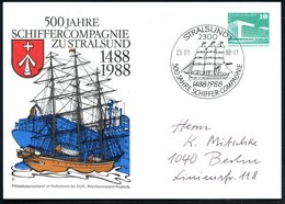 1988 (23..) 2300 STRALSUND 1, PP 10 Pf. PdR., Grün: 500 JAHRE SCHIFFERCOMPAGNIE ZU STRALSUND 14.. = 3-Mast-Windjamme (u. - Sonstige & Ohne Zuordnung