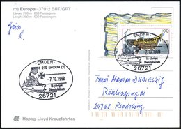 1998 (7.10.) 26721 EMDEN, Sonderstempel: F 210 EMDEN (V), 15-jähriges Dienstjubiläum (Fregatte "Emden") Color-Ak. (MS. " - Sonstige & Ohne Zuordnung