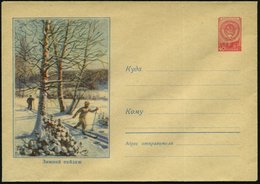 1959 UdSSR, 40 Kop. Ganzsachen-Umschlag Staatswappen, Rot: Winterlandschaft Mit Skilangläufern, Ungebr. - Skilanglauf /  - Otros & Sin Clasificación