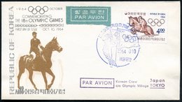 1964 (10.10.) KOREA (SÜD) 4,00 W. Olympiade 1964, EF = Springreiter + Blauer Olympia-Sonderstempel (Flaggen) Übersee-Flu - Autres & Non Classés