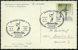 1981 (4.5.) 4000 DÜSSELDORF 1, Sonderstempel: Nations Cup, ROCHUSCLUB DÜSSELDORF (Tennisspieler Aufschlagend) Inl.-Karte - Sonstige & Ohne Zuordnung