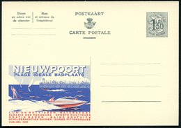 1958 BELGIEN, 1,50 F. Publibel-Ganzsache, Grau: NIEUWPOORT, PLAGE IDEALE BADSPLAATS.. = Motorboot Mit Wasserskiläufer (u - Altri & Non Classificati