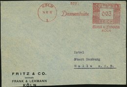 1938 (14.10.) KÖLN 1, Absender-Freistempel: Damenhüte, FRANK & LEHMANN, Kleine Firmen-Vorderseite: FRITZ & CO Vormals FR - Other & Unclassified