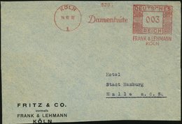 1938 (14.10.) KÖLN 1, Absender-Freistempel: Damenhüte, FRANK & LEHMANN, Kleine Firmen-Vorderseite: FRITZ & CO Vormals FR - Sonstige & Ohne Zuordnung