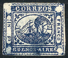200 ARGENTINA: GJ.11, IN Ps. Blue, Type 40 On The Sheet, With Blue Ponchito Cancel Of San Nicolás, With 4 Wide Margins,  - Buenos Aires (1858-1864)